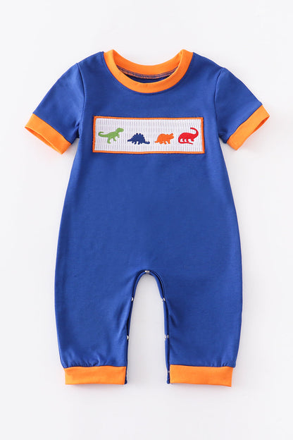 Navy dinosaur embroidery smocked boy romper 6M