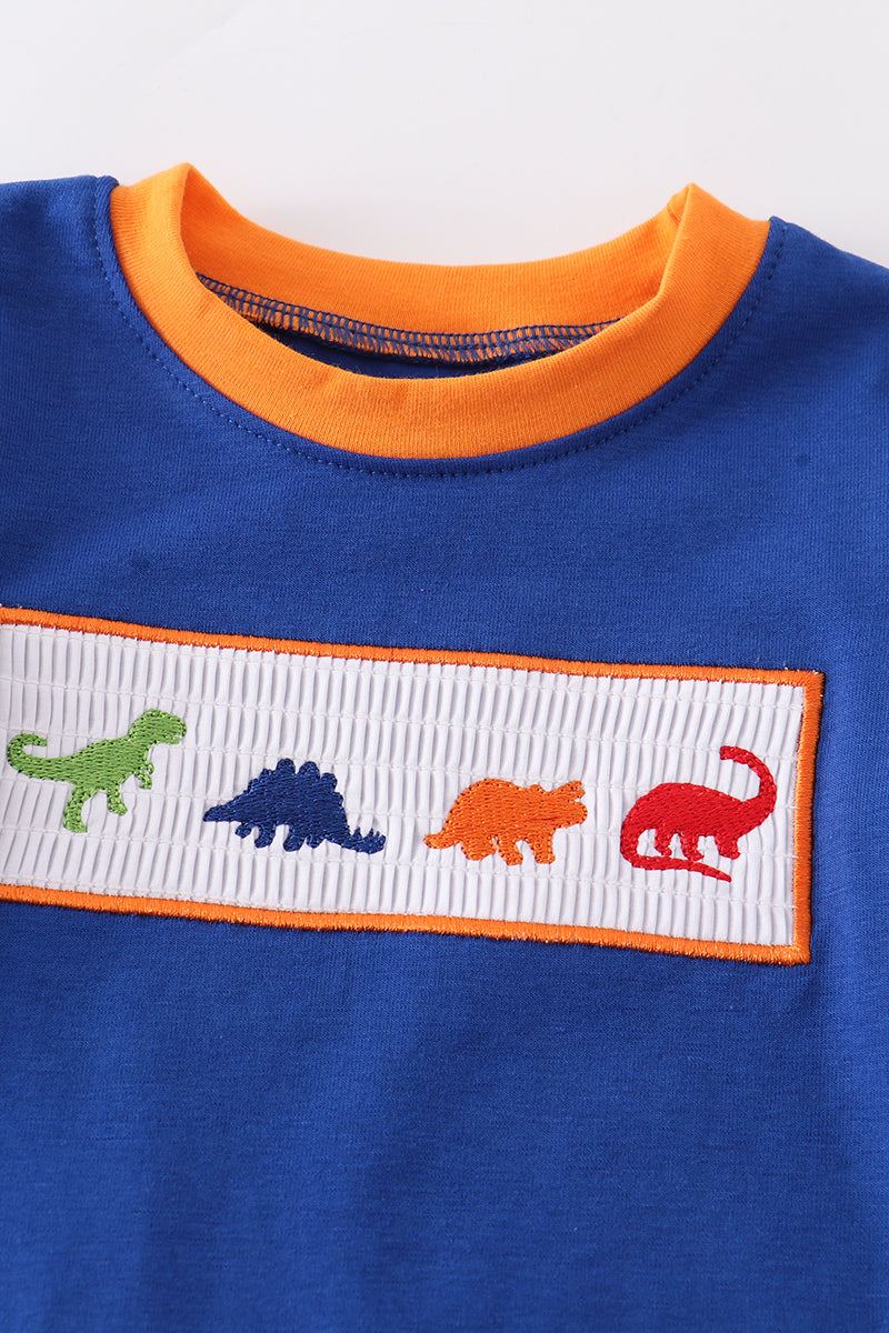 Navy dinosaur embroidery smocked boy romper 12M