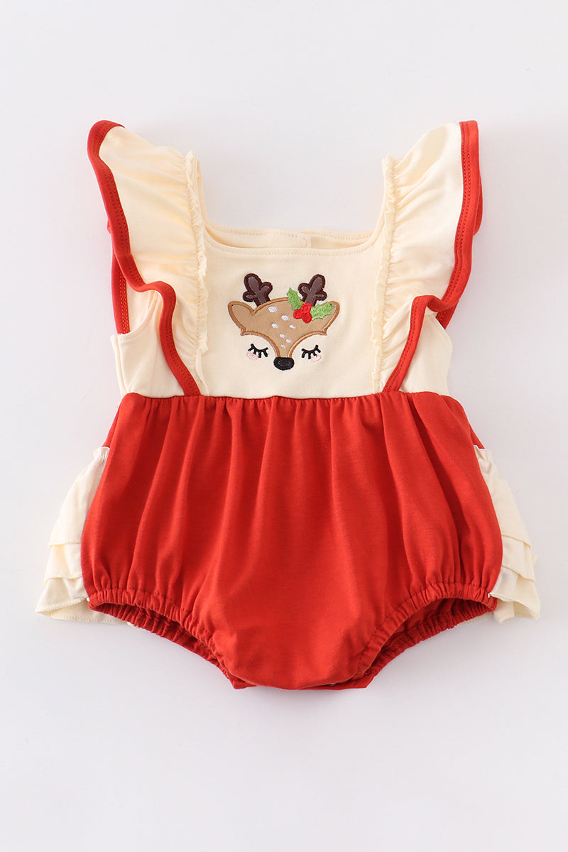 Red deer applique ruffle girls baby bubble 6M