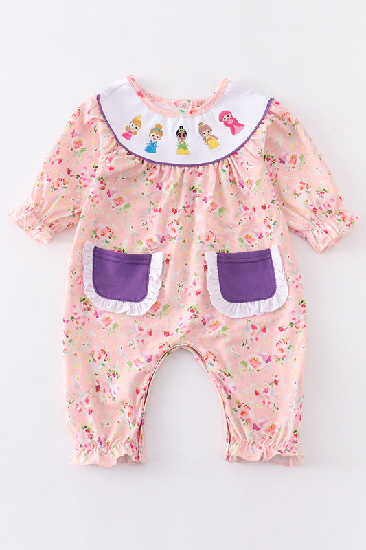 Floral princess embroidery pocket girl romper