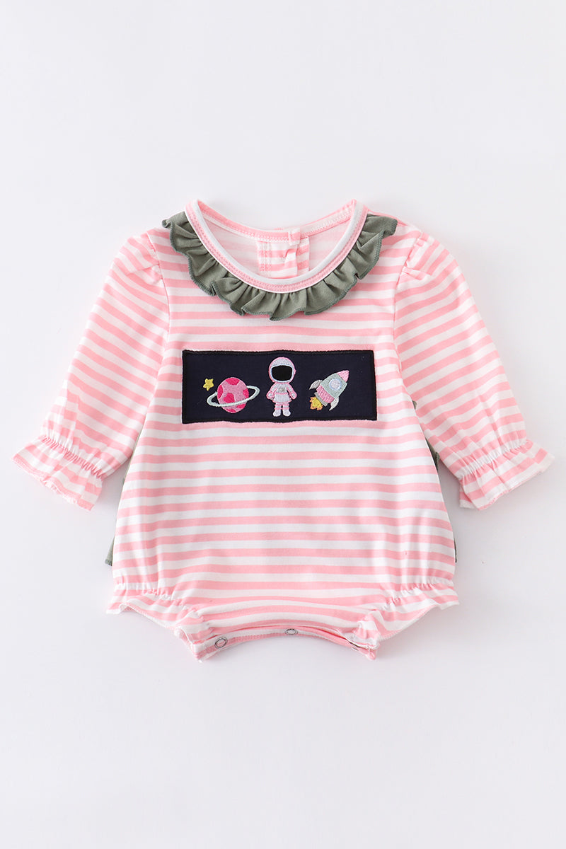 Pink astronaut embroidery stripe girl romper