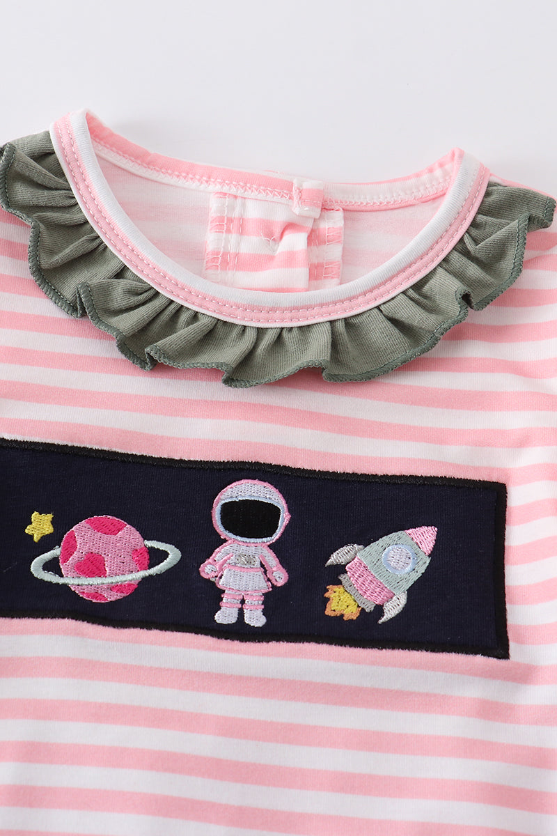 Pink astronaut embroidery stripe girl romper 12M