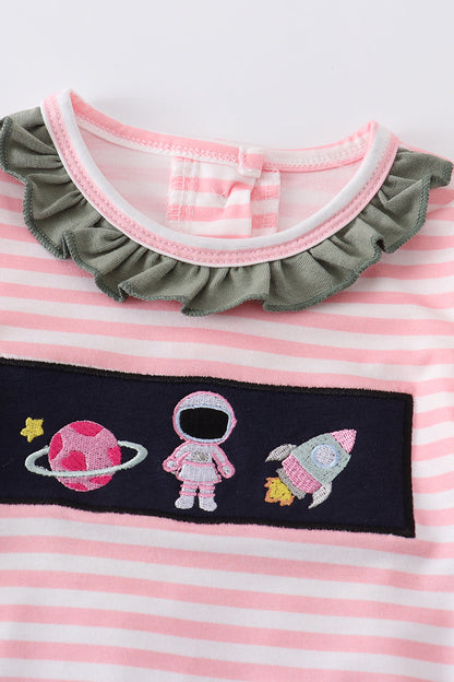 Pink astronaut embroidery stripe girl romper 12M