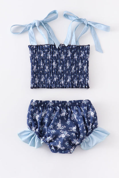 Navy print girl swimsuit set 7