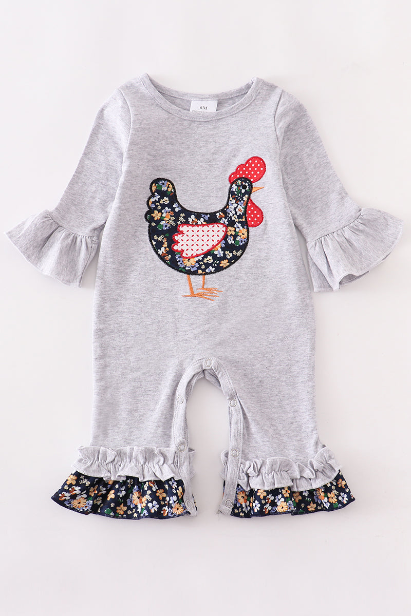 Gray rooster applique ruffle baby romper