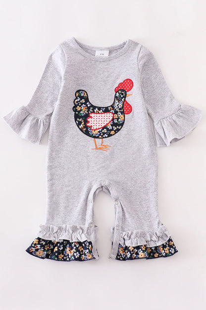 Gray rooster applique ruffle baby romper