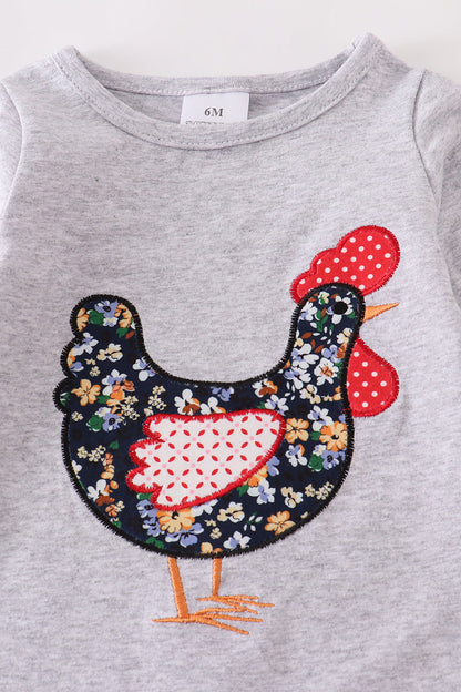 Gray rooster applique ruffle baby romper 12M