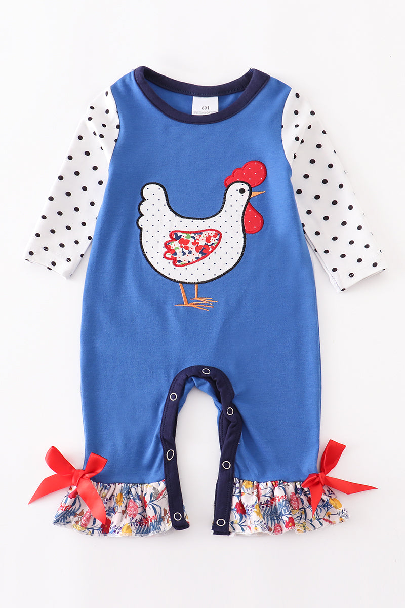 Blue rooster applique ruffle baby romper