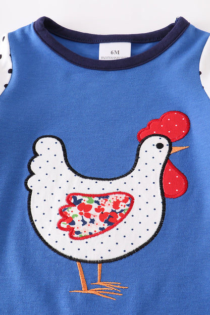 Blue rooster applique ruffle baby romper