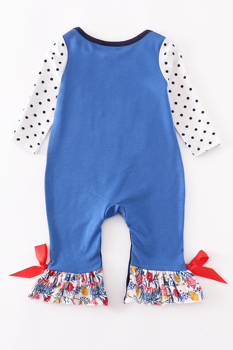 Blue rooster applique ruffle baby romper