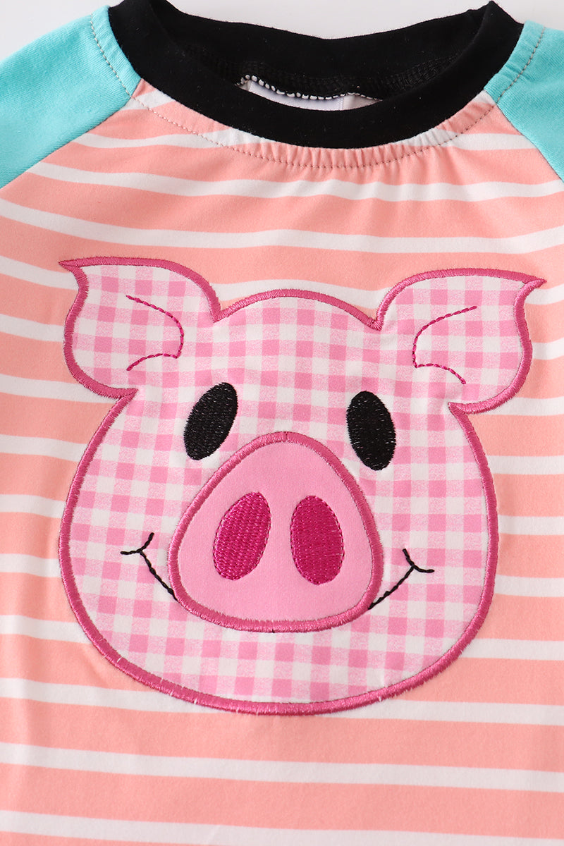 Striped pig applique boy romper