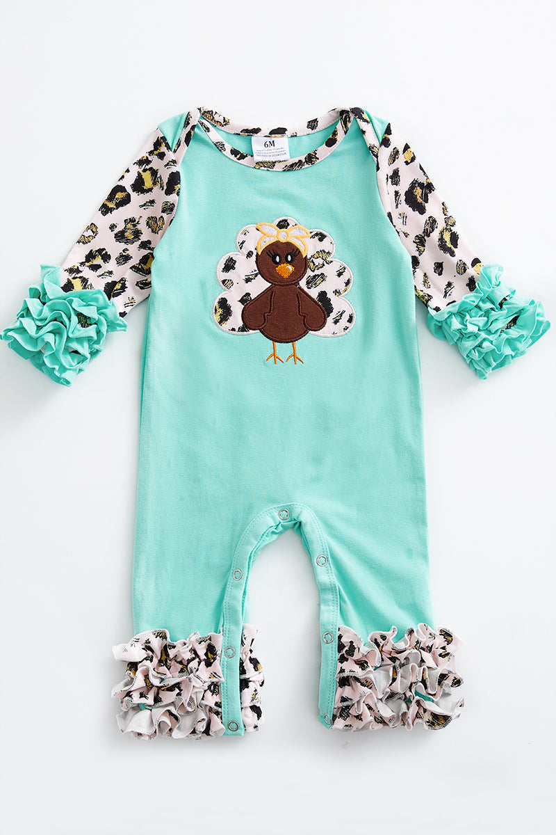 Mint leopard turkey ruffle baby romper