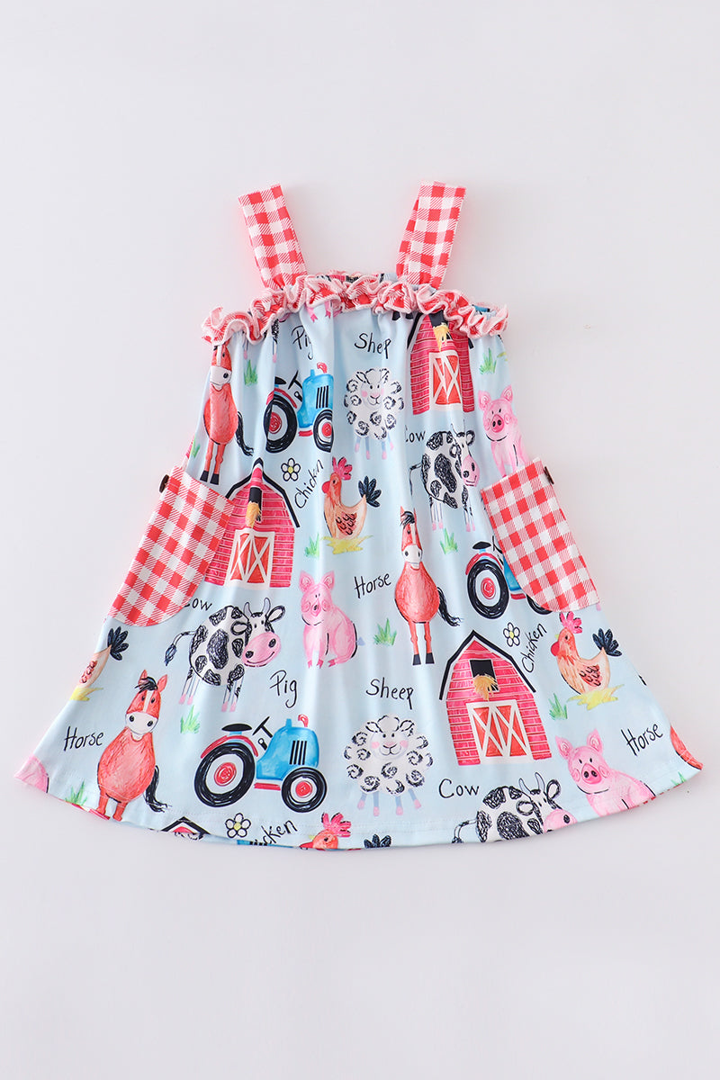 Blue farm animals girl dress