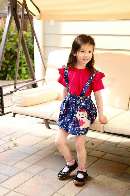 Navy floral dog star applique strap skirt set