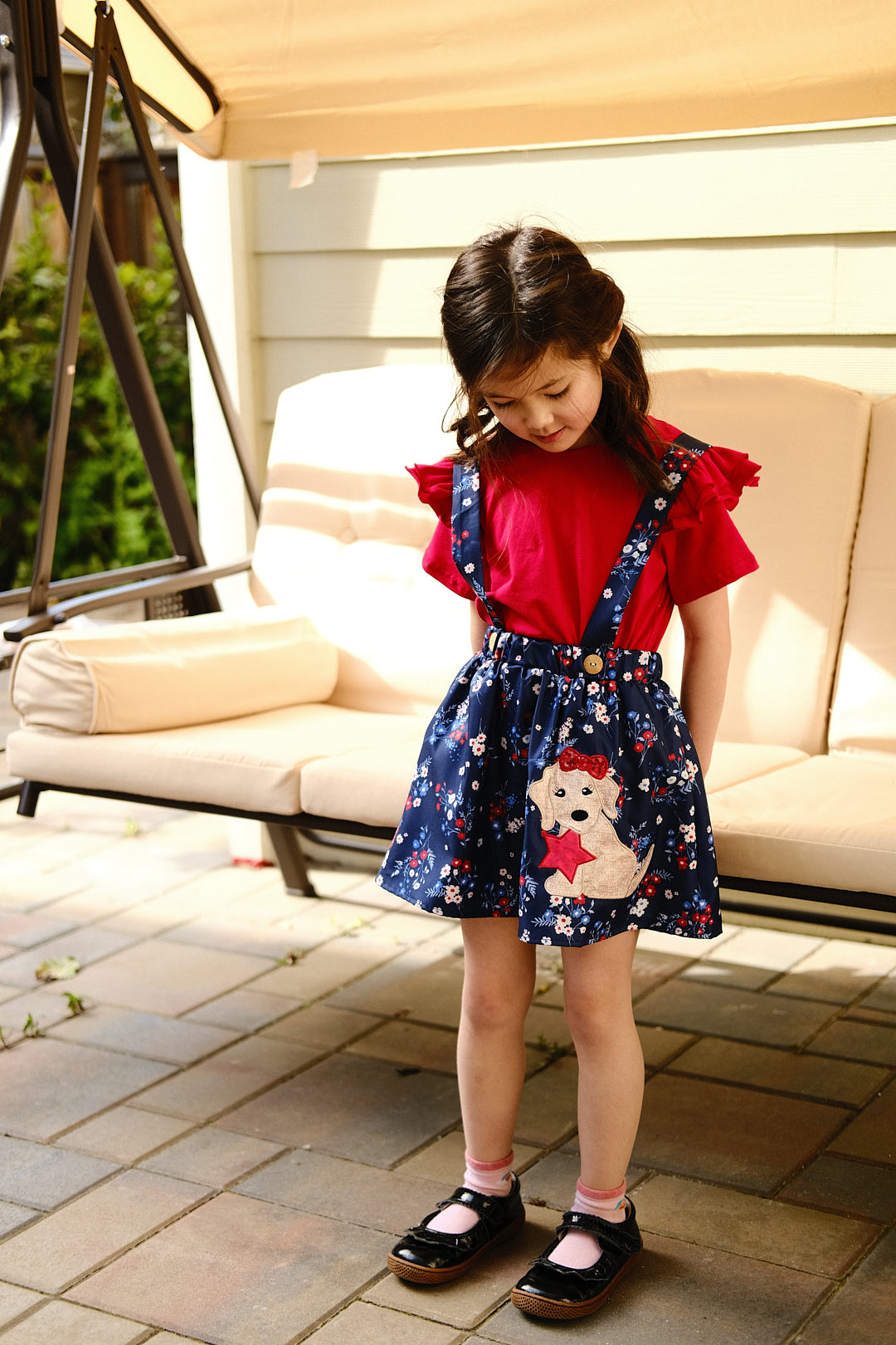 Navy floral dog star applique strap skirt set 5