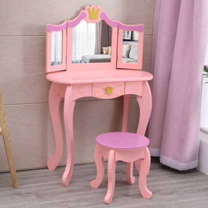 Children Three Foldable Mirrors Curved Legs Single Drawer Dressing Table, Table Size: