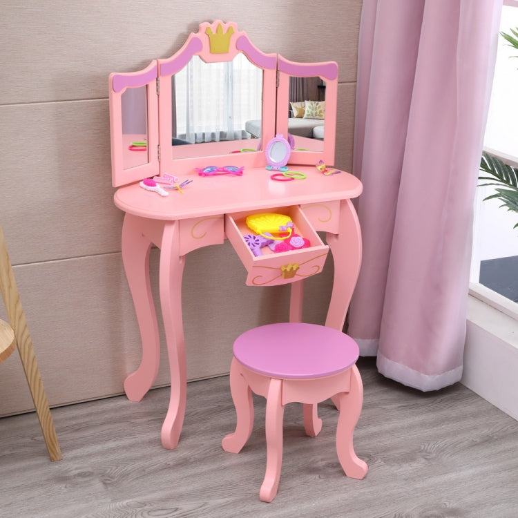 Children Three Foldable Mirrors Curved Legs Single Drawer Dressing Table, Table Size: