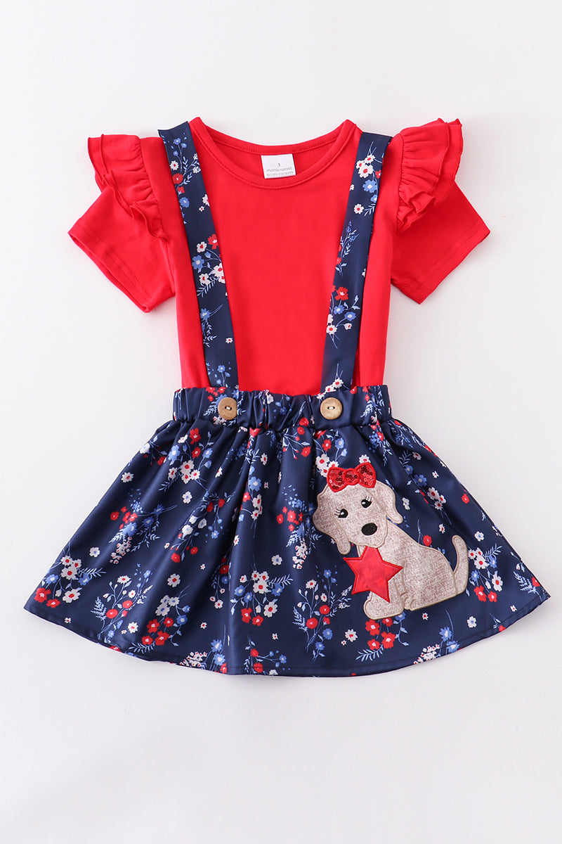 Navy floral dog star applique strap skirt set 4