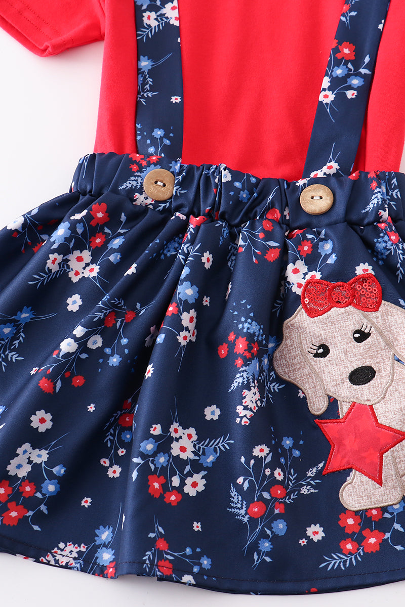 Navy floral dog star applique strap skirt set