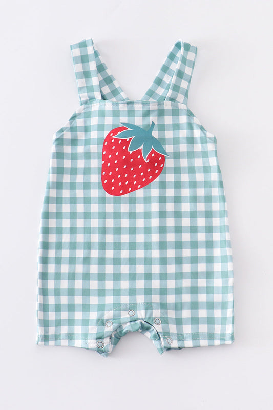 Green plaid strawberry boy romper