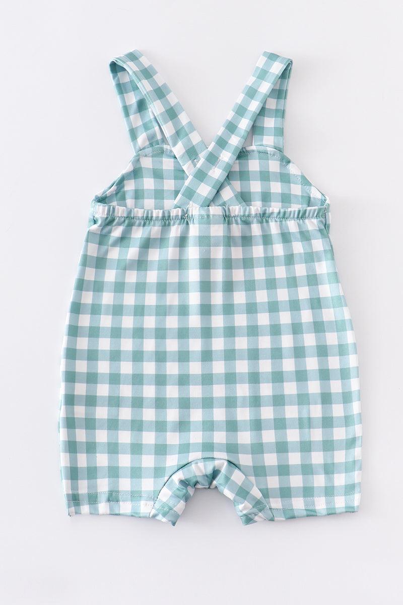 Green plaid strawberry boy romper