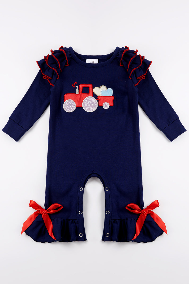 Navy truck heart applique ruffle baby romper