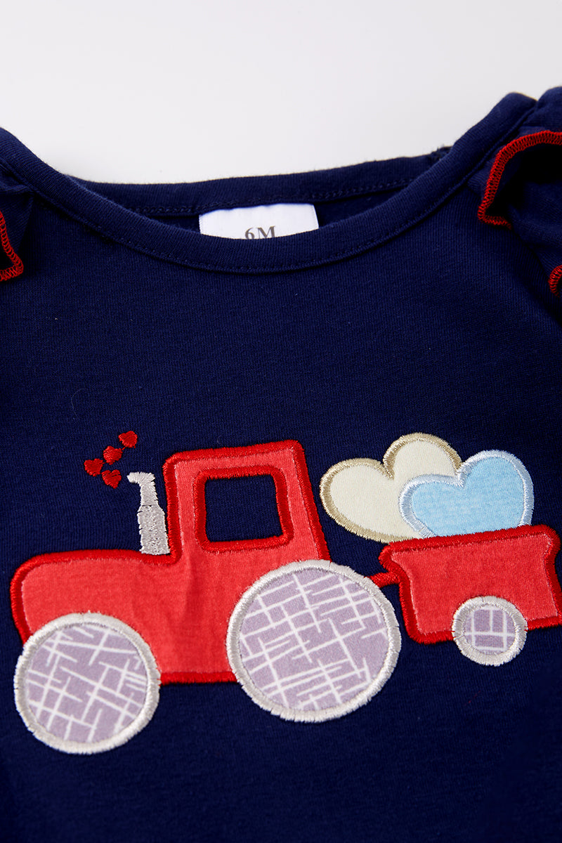 Navy truck heart applique ruffle baby romper 12M