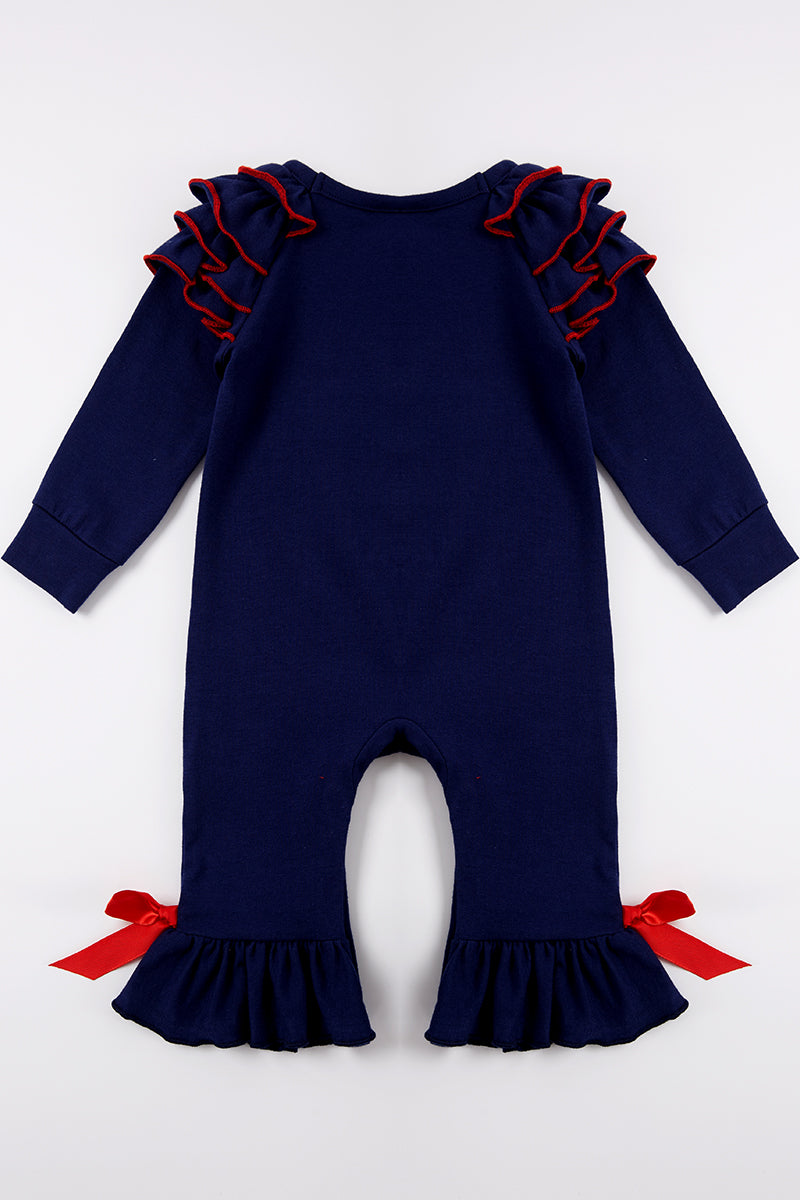 Navy truck heart applique ruffle baby romper