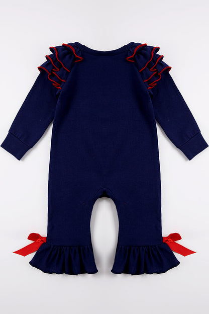 Navy truck heart applique ruffle baby romper