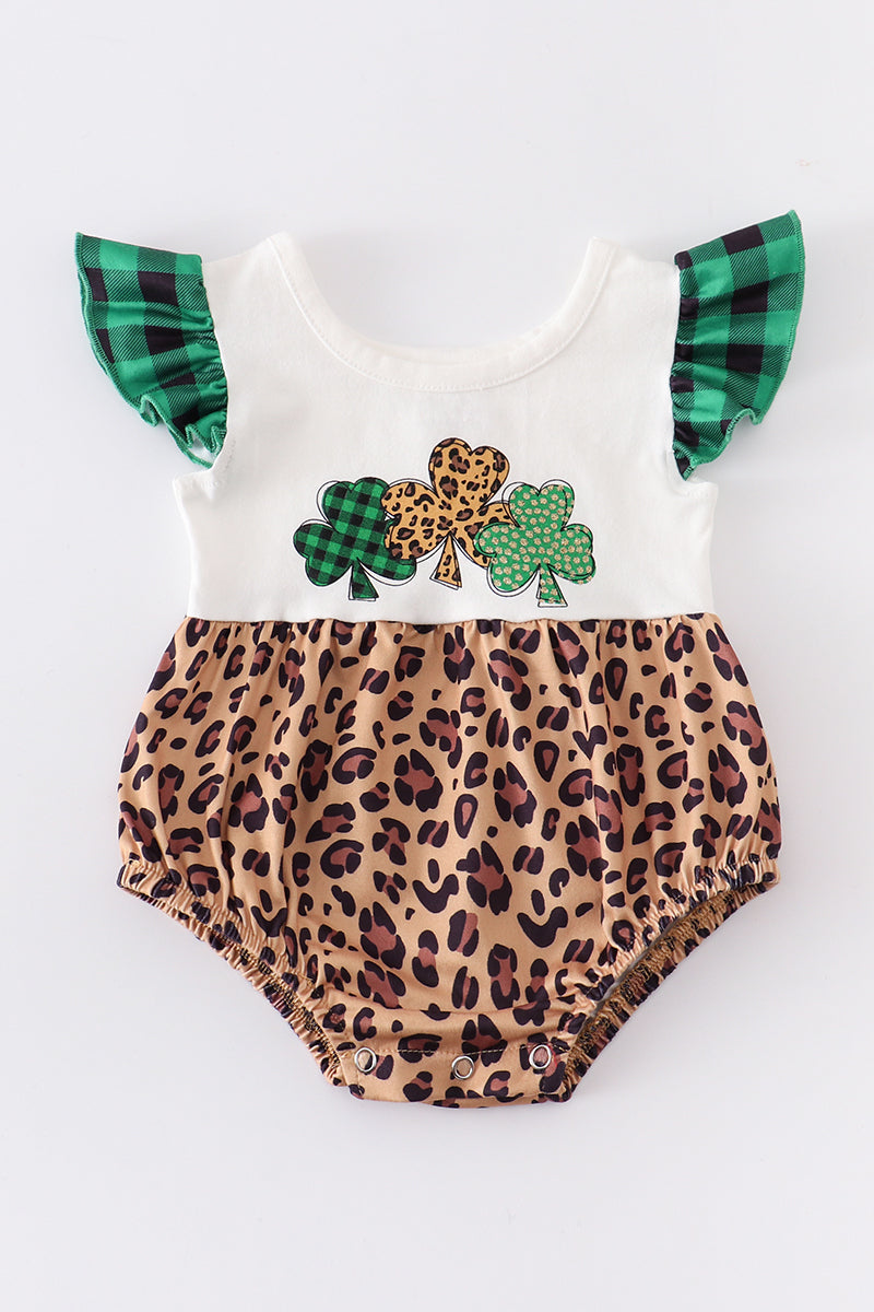 Leopard clover ruffle baby romper