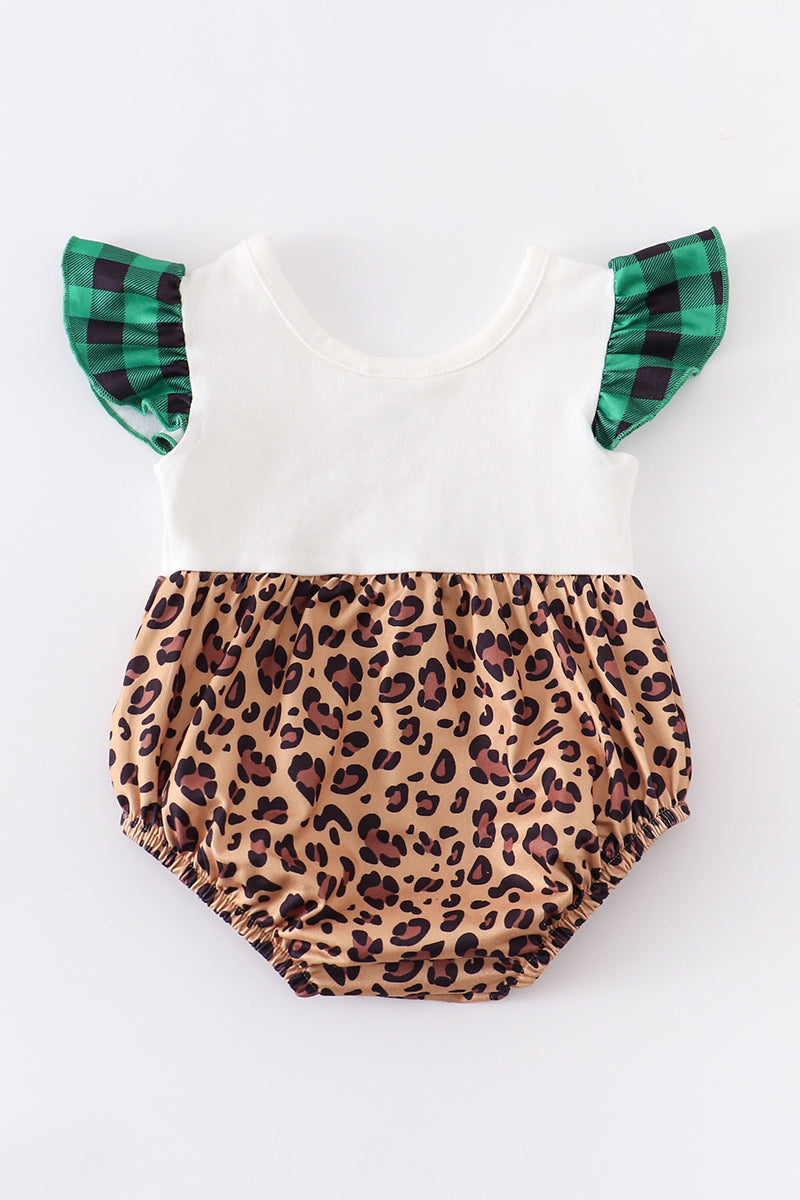 Leopard clover ruffle baby romper