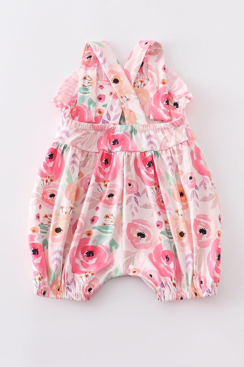 Pink floral ruffle baby romper