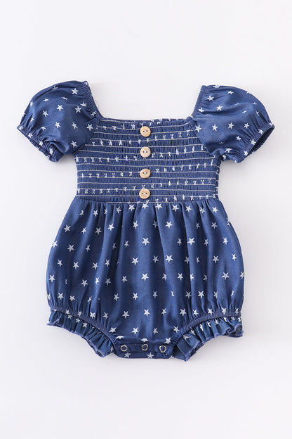 Blue star smocked baby romper