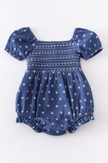 Blue star smocked baby romper