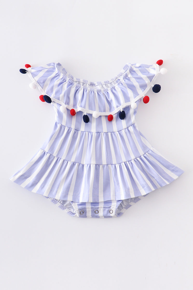 Blue stripe pom pom ruffle baby romper