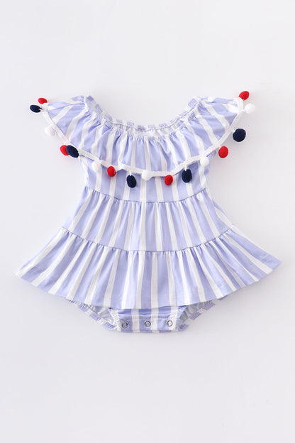 Blue stripe pom pom ruffle baby romper 6M