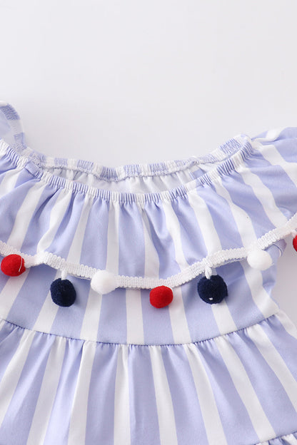 Blue stripe pom pom ruffle baby romper