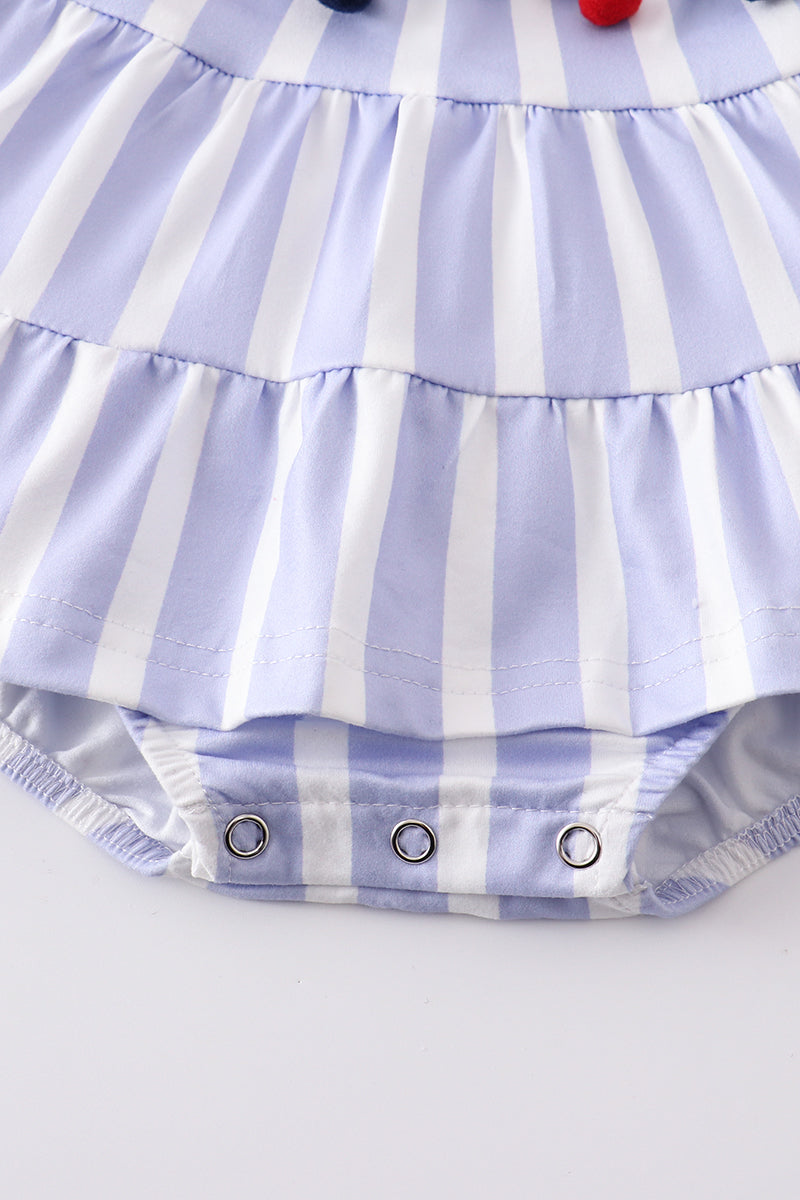 Blue stripe pom pom ruffle baby romper