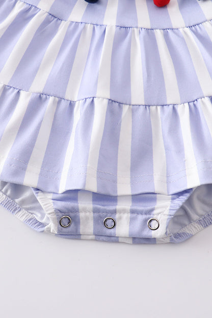 Blue stripe pom pom ruffle baby romper 18M