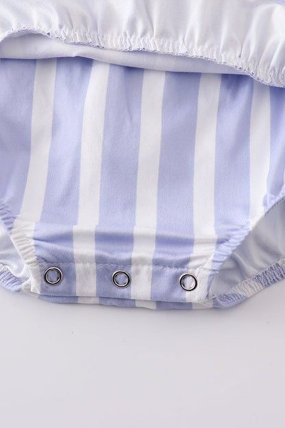 Blue stripe pom pom ruffle baby romper