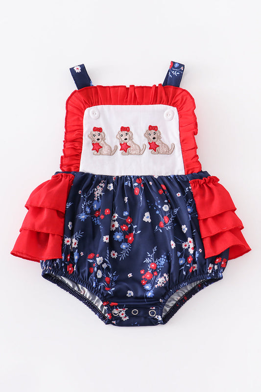 Navy floral star dog applique baby romper