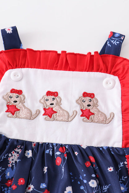 Navy floral star dog applique baby romper 12M