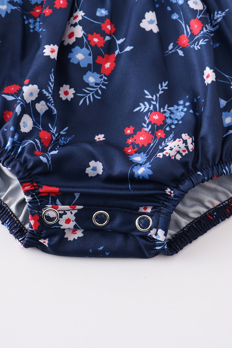 Navy floral star dog applique baby romper 18M