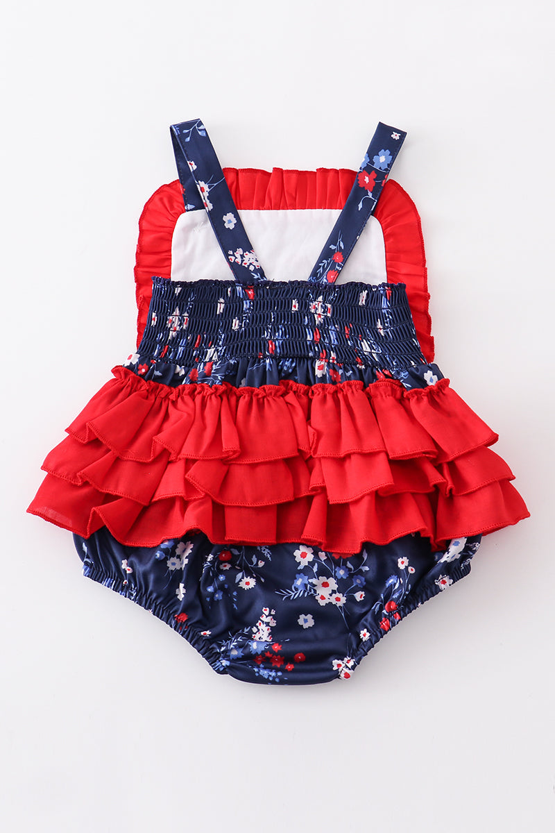 Navy floral star dog applique baby romper