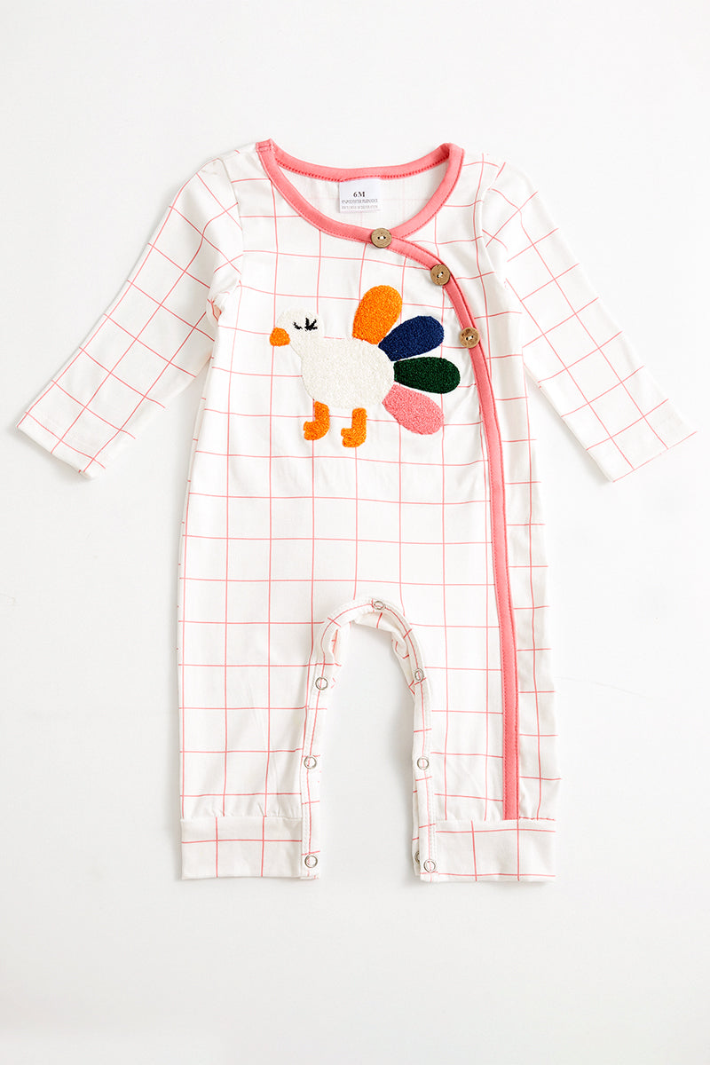 Pink plaid turkey applique baby romper 6M