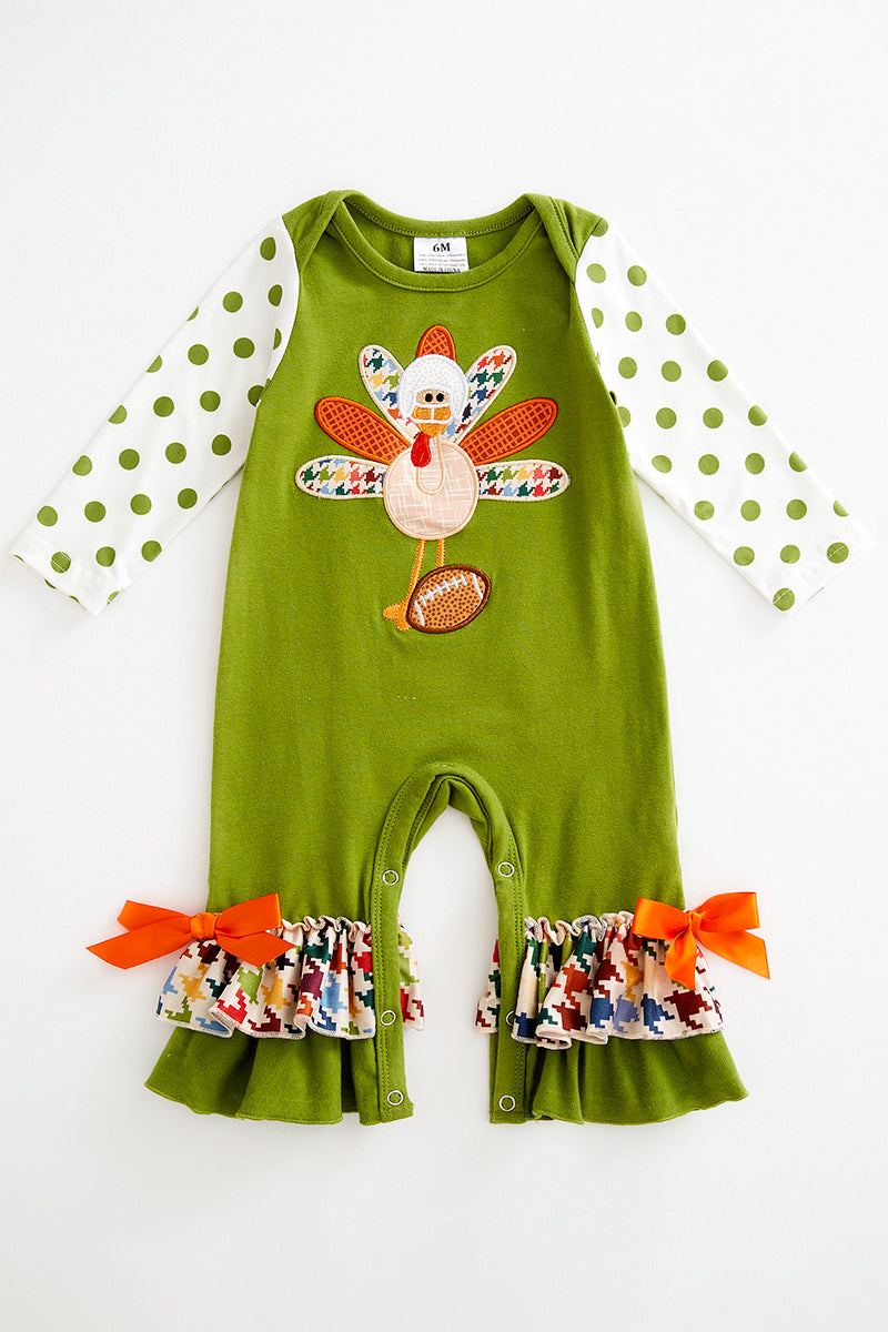 Green turkey applique ruffle baby romper