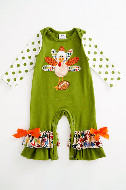 Green turkey applique ruffle baby romper